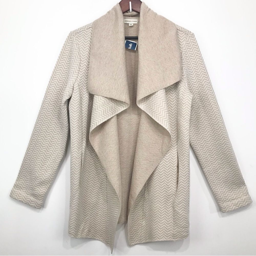 Adrienne Vittadini Tan Cream Herringbone Knit Open Front Long Cardigan Sweater